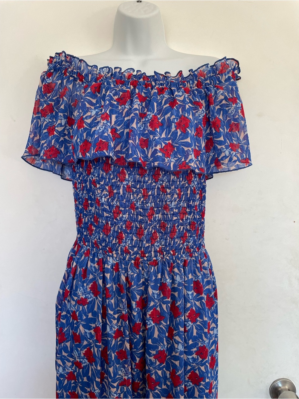 Lucky Brand Blue and Red Floral Strapless Ruffle Dress